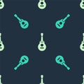 Green and beige Mexican guitar icon isolated seamless pattern on blue background. Acoustic guitar. String musical