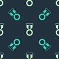 Green and beige Military reward medal icon isolated seamless pattern on blue background. Army sign. Vector