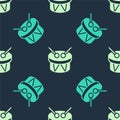 Green and beige Musical instrument drum and drum sticks icon isolated seamless pattern on blue background. Vector