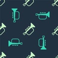 Green and beige Musical instrument trumpet icon isolated seamless pattern on blue background. Vector