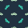 Green and beige Pickup truck icon isolated seamless pattern on blue background. Vector