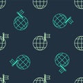 Green and beige Planet with flag icon isolated seamless pattern on blue background. Victory, winning and conquer Royalty Free Stock Photo