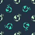 Green and beige Planet with flag icon isolated seamless pattern on blue background. Victory, winning and conquer Royalty Free Stock Photo