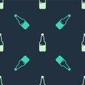 Green and beige Plastic beer bottle icon isolated seamless pattern on blue background. Vector