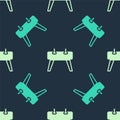 Green and beige Pommel horse icon isolated seamless pattern on blue background. Sports equipment for jumping and