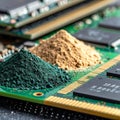 Green and beige powders on a computer circuit board with RAM modules technology Royalty Free Stock Photo