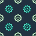 Green and beige Power button icon isolated seamless pattern on blue background. Start sign. Vector Royalty Free Stock Photo