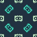 Green and beige Retro audio cassette tape icon isolated seamless pattern on blue background. Vector Royalty Free Stock Photo