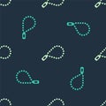 Green and beige Rosary beads religion icon isolated seamless pattern on blue background. Vector