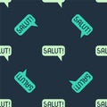 Green and beige Salut in different languages icon isolated seamless pattern on blue background. Speech bubbles. Vector Royalty Free Stock Photo