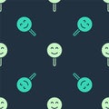Green and beige Smile face icon isolated seamless pattern on blue background. Smiling emoticon. Happy smiley chat symbol Royalty Free Stock Photo