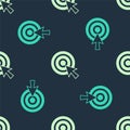 Green and beige Target with arrow icon isolated seamless pattern on blue background. Dart board sign. Archery board icon Royalty Free Stock Photo