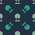 Green and beige Target with arrow icon isolated seamless pattern on blue background. Dart board sign. Archery board icon Royalty Free Stock Photo