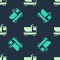 Green and beige Toy truck icon isolated seamless pattern on blue background. Vector Royalty Free Stock Photo