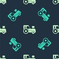 Green and beige Tractor icon isolated seamless pattern on blue background. Vector Royalty Free Stock Photo