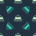 Green and beige Winter hat icon isolated seamless pattern on blue background. Vector