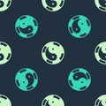 Green and beige Yin Yang symbol of harmony and balance icon isolated seamless pattern on blue background. Vector