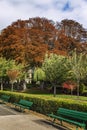 Green benches in a bright autumn park in Paris. Beautiful landscape. Vertical