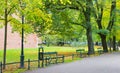 Green benches in the park against the background of the castle