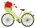 Green Bicycle with Basket of Poppy Bouquet. Vector Bike with Poppies