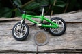 A green bicycle with a two euro coin. Eco bonus concept