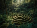 Green big labyrinth in the forest jungle.Game. AI generated