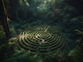 Green big labyrinth in the forest jungle.Game. AI generated