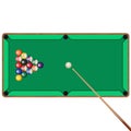 Green billiard table with cue and balls in starting position Royalty Free Stock Photo