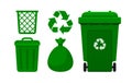 Green Bin Collection, Recycle Bin and Green Plastic Bags Waste isolated on white, Bins Green with Recycle Waste Symbol, Front view