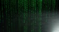 Green binary code streams cascade downward, emulating rain against a dark Royalty Free Stock Photo