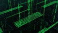 Green digital binary code streams on dark circuit board background data technology Royalty Free Stock Photo