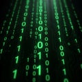 Green binary code streams vertically on a dark background, resembling a digital rain Royalty Free Stock Photo