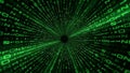 Green Binary Code Tunnel Effect with Numbers and Letters Flowing into a Dark Vortex data digital Royalty Free Stock Photo