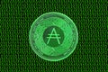 green binary code and a valueable green ada coin from cardano crypto currency straight