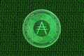 green binary code and a valueable green ada coin from cardano crypto currency straight Royalty Free Stock Photo