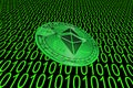 green binary code and a valueable green ether coin from ethereum crypto currency oblique