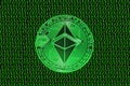 green binary code and a valueable green ether coin from ethereum crypto currency straight