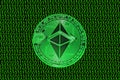 green binary code and a valueable green ether coin from ethereum crypto currency straight Royalty Free Stock Photo