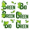 Green and Bio Product, doodle organic leaves emblems, stickers,