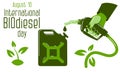 Green biofuel sign, dispenser gun, fuel canister with sprout. International Biodiesel Day. Template for background