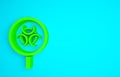 Green Biohazard and magnifying glass icon isolated on blue background. Minimalism concept. 3d illustration 3D render