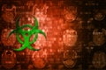 Green Biohazard symbol on orange digital background with copyspace. Science concept.