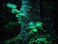 Green bioluminescent fungus on tree in forest
