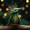 Green Realistic Bird On Branch With Shiny Lights - Zbrush Style