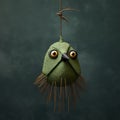 Green Bird Hanging By String: Zbrush-inspired Assemblage Art By Dan Matutina