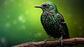 Green Bird Wallpaper: Dark Emerald Forest With Realistic Starling On Wood Branch