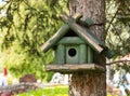A green birdhouse on a tree, the background is blurred Royalty Free Stock Photo