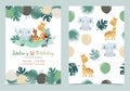 Green birthday card with elephant,fox,giraffe,parrot,ribbon and balloon