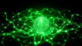 A glowing green bitcoin coin surrounded by a network of interconnected glowing lines on a black background Royalty Free Stock Photo