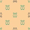 Green and black Ancient Greek lyre icon isolated seamless pattern on beige background. Classical music instrument